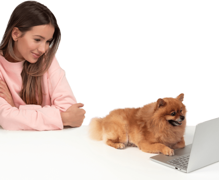 Girl with dog on laptop