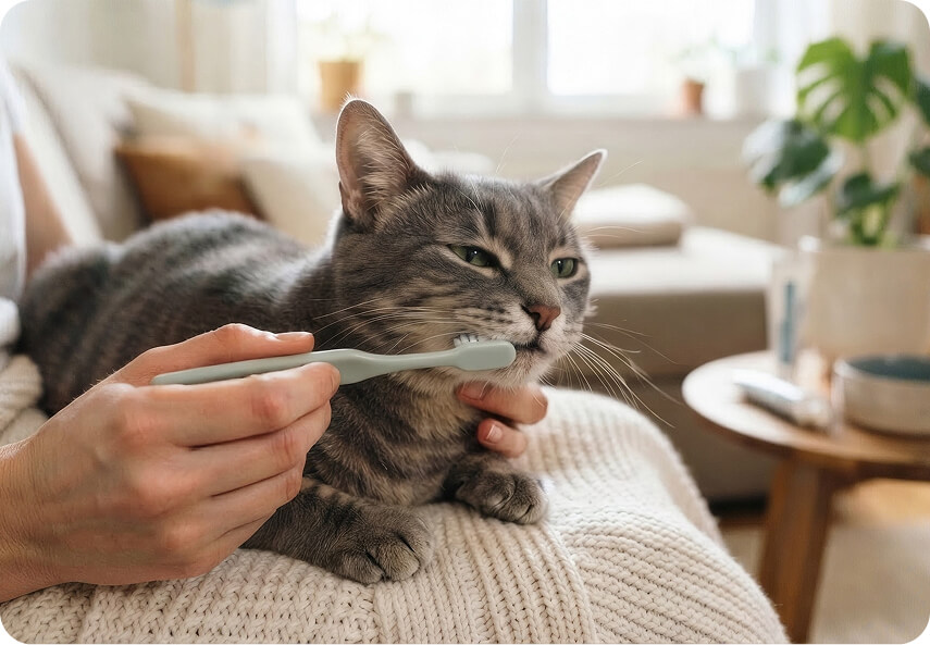 brushing cat's teeth