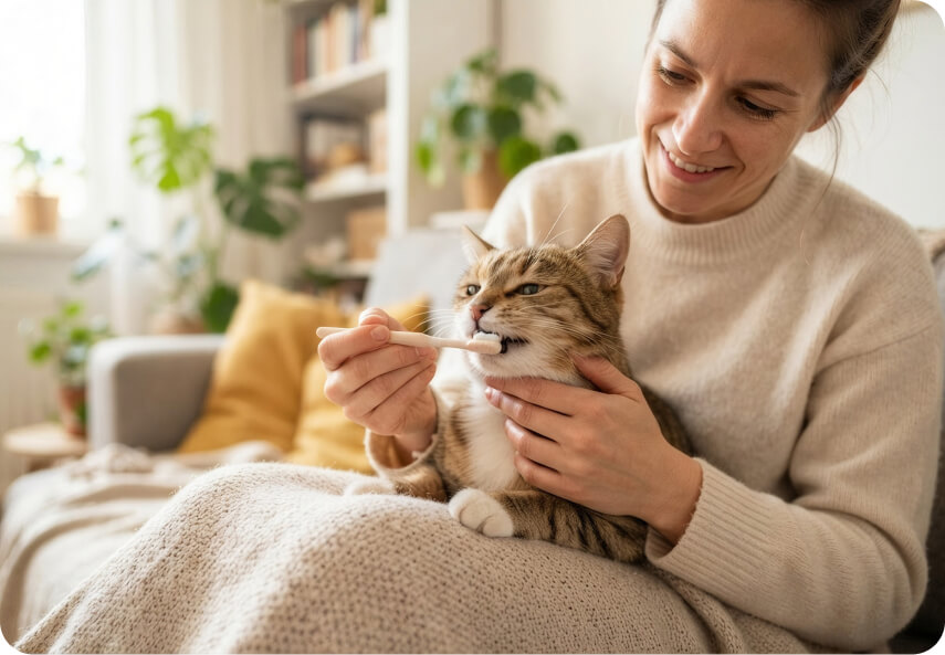 Home dental care to a cat